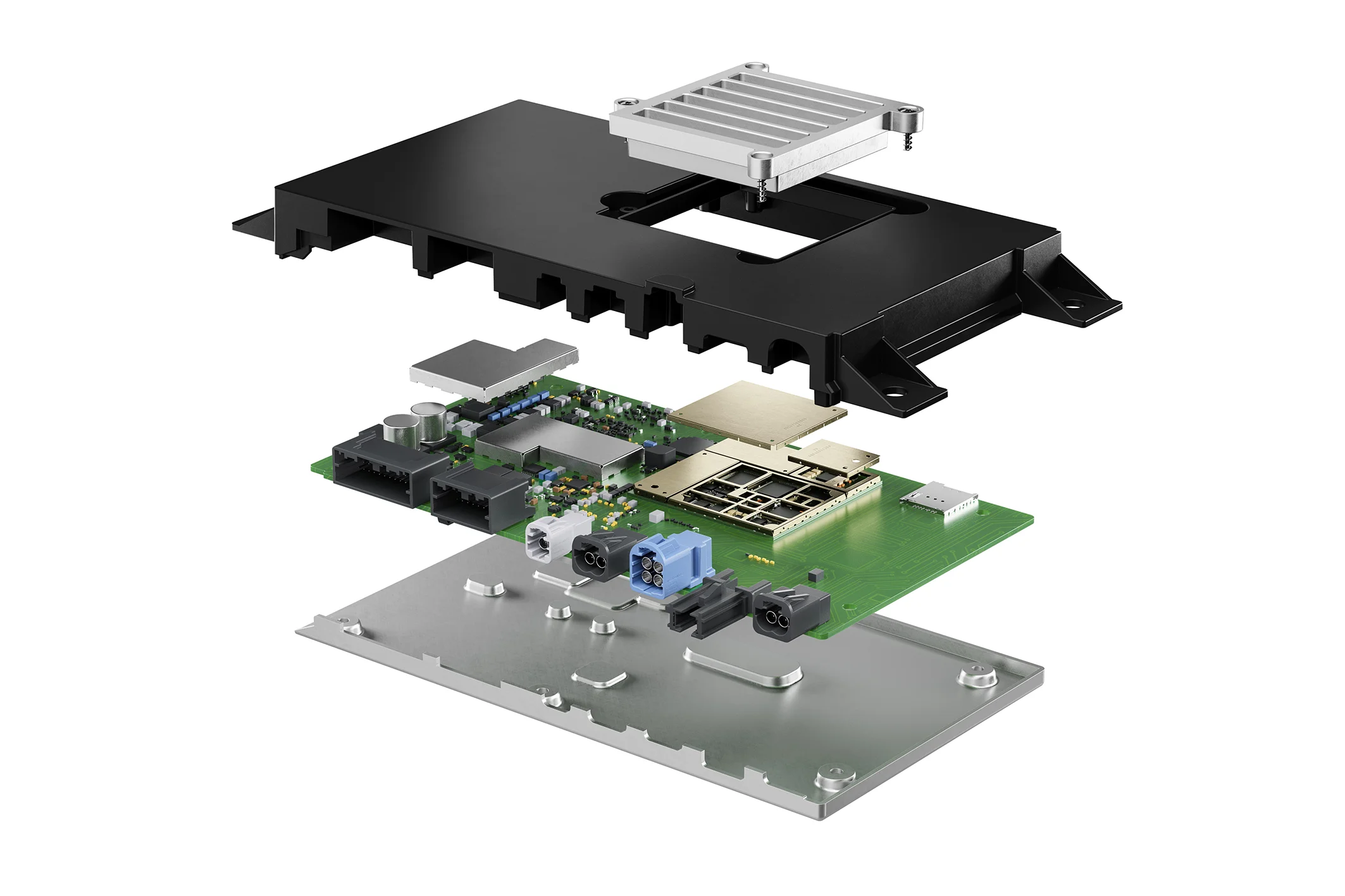 AUMOVIO 5G Telematics Control Unit — exploded assembly view